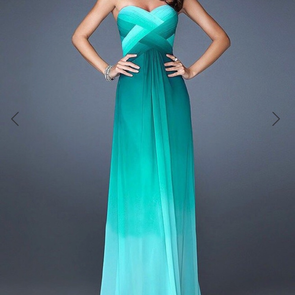 Teal strapless prom dress
